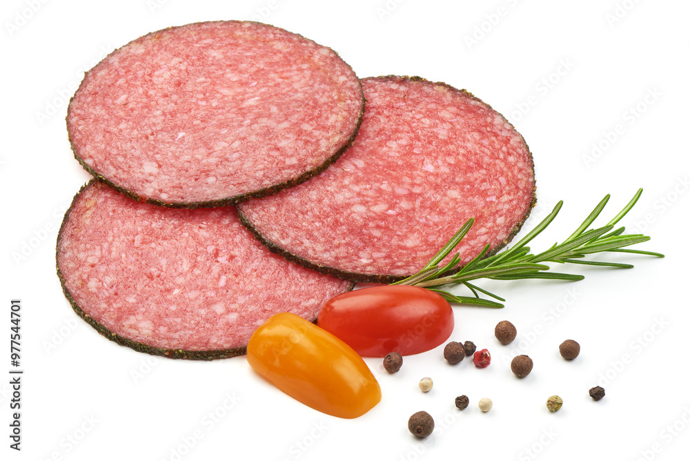 Peppered salami slices, isolated on white background Peppered salami slices, isolated on white background