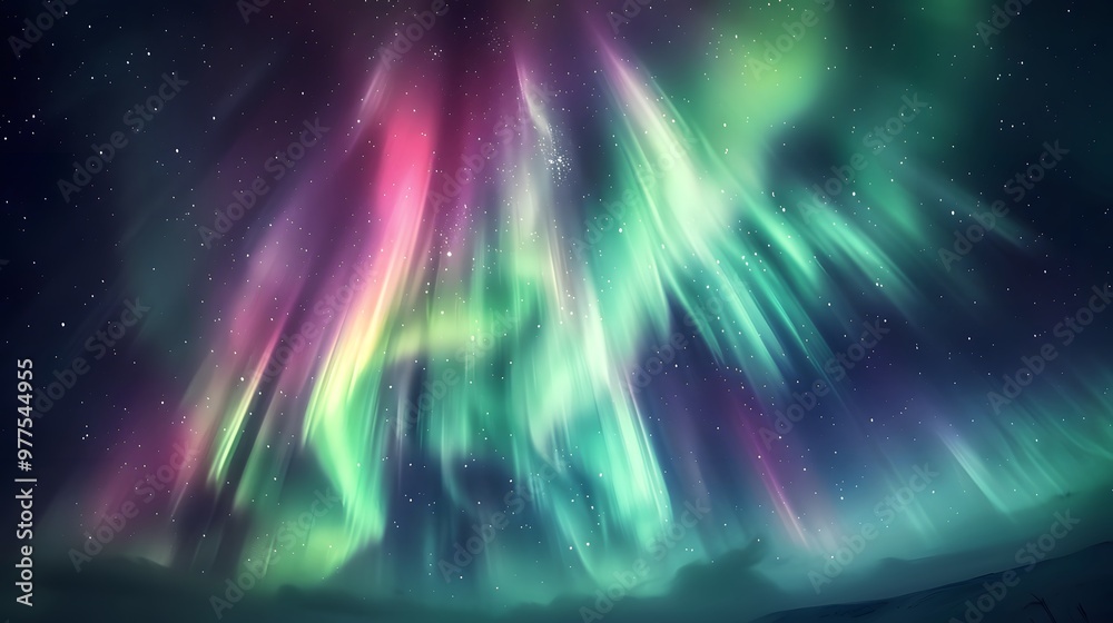 Aurora Borealis: A mesmerizing display of the Northern Lights dancing across the night sky in vibrant greens and purples. 
