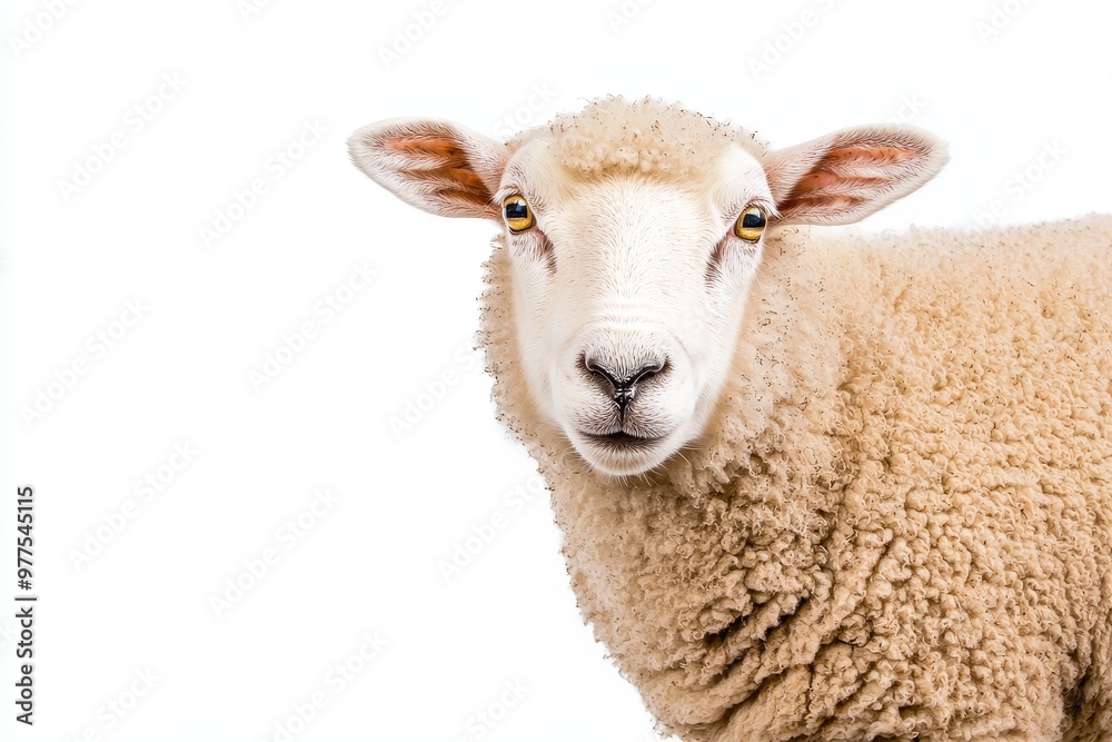 A white fluffy sheep farm portrait looking at camera isolated on a clear background. This is a funny moment with a farmland animals concept, utilizing Stock. A white fluffy sheep farm portrait looking at camera isolated on a clear background. This is a funny moment with a farmland animals concept, utilizing Stock.