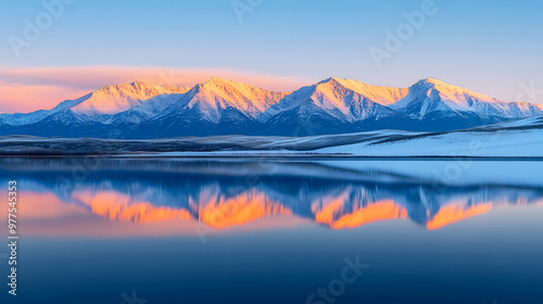 Snow-capped peaks reflecting the warm hues of a setting sun