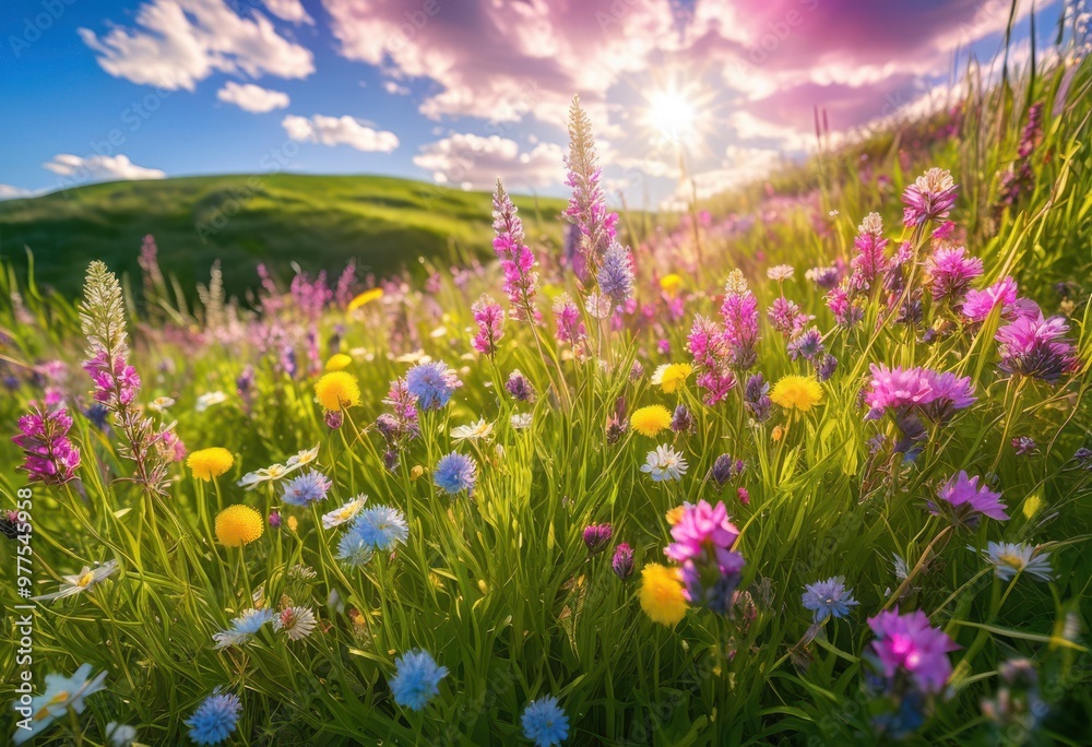 Obraz premium vibrant spring blooms showcasing colorful meadow filled lush flowers greenery under bright blue sky, petal, plant, nature, landscape, field, blossom, flora