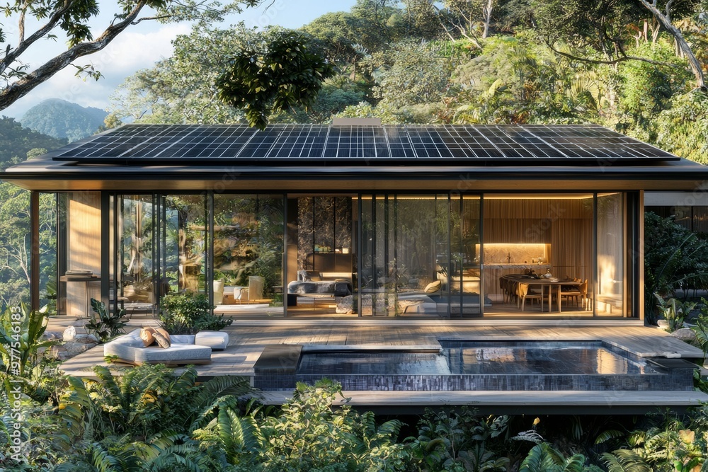Fototapeta premium This is an exterior image of a beautiful modern house with solar panels on the roof. Luxury villa with terrace and swimming pool. Created through generative AI