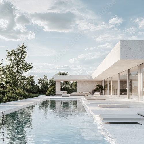 The exterior of a modern minimalist cubic villa at sunset, created using stock (AI).