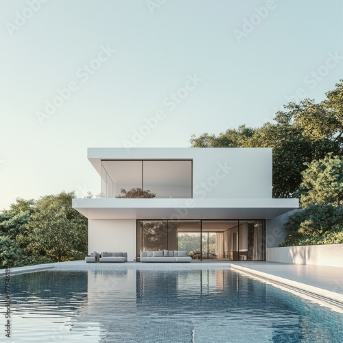 Using generative AI, this is the exterior of a modern minimalist cubic villa with swimming pool at sunset.