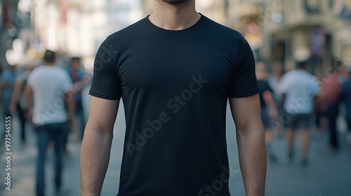 Mockup of young man wearing a black t-shirt in daylight, hipster male wearing a casual t-shirt mockup, generative AI design app