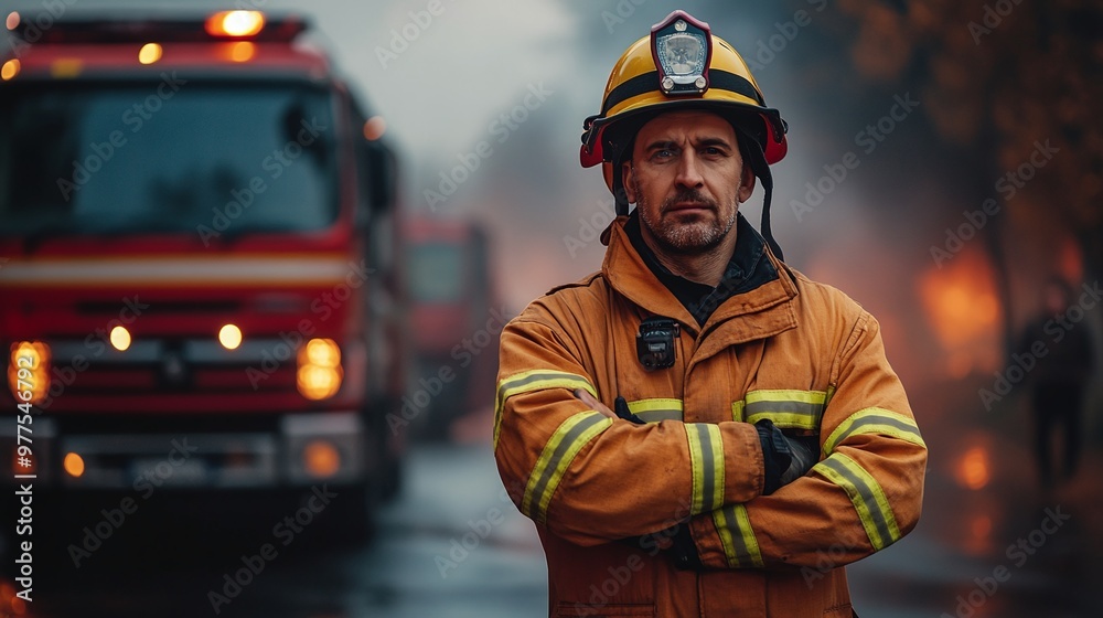 detailed scene of a firefighter with arms crossed in front of a fire truck showcasing the heroic pose, fire safety gear, and the operational readiness of the emergency vehicle detailed scene of a firefighter with arms crossed in front of a fire truck showcasing the heroic pose, fire safety gear, and the operational readiness of the emergency vehicle