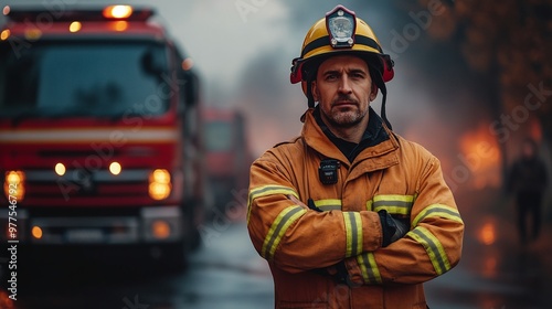 detailed scene of a firefighter with arms crossed in front of a fire truck showcasing the heroic pose, fire safety gear, and the operational readiness of the emergency vehicle