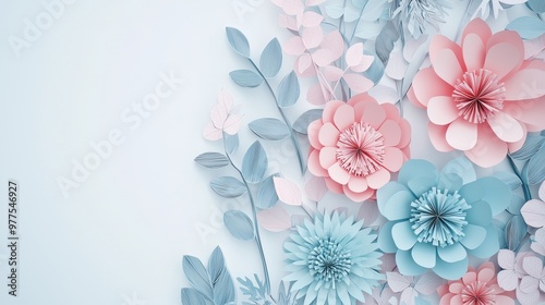 Background of pastel flowers in white, blue and pink with pastel paper