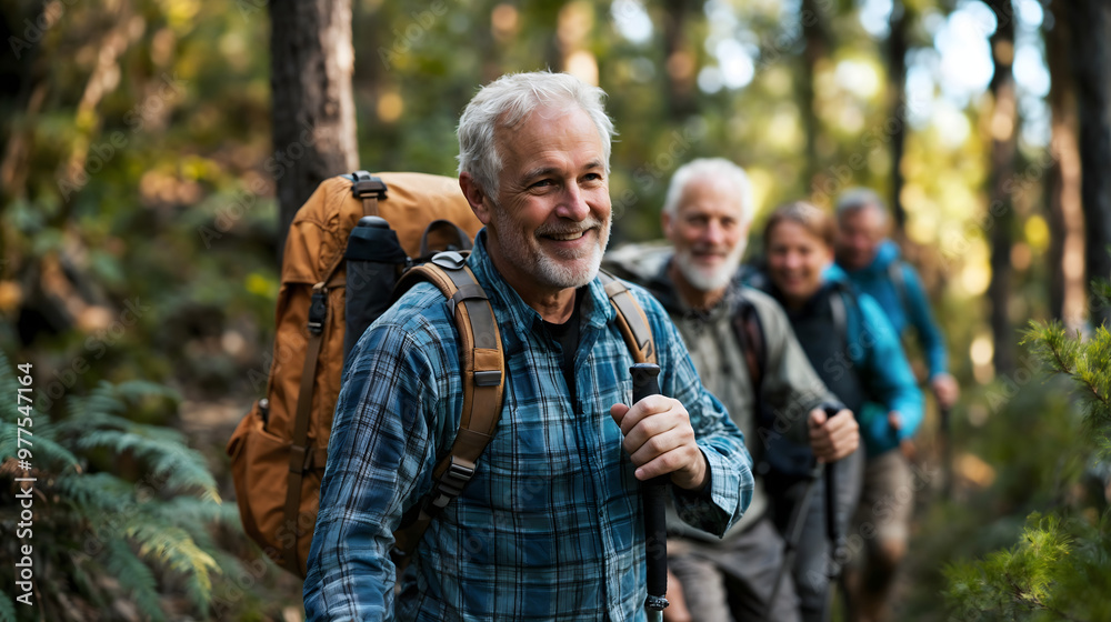Group of senior hikers walking through forest trail Group of senior hikers walking through forest trail