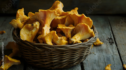 Chanterelle mushrooms in a wicker basket on a rustic table, evoking a woodland feel -