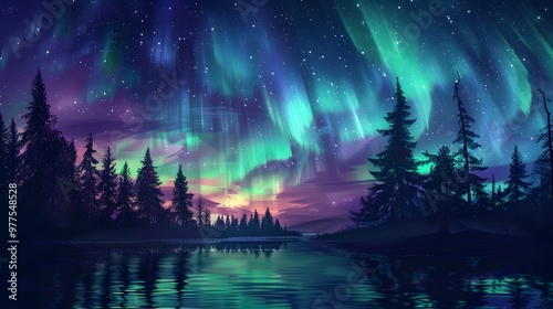 Aurora Borealis: A mesmerizing display of the Northern Lights dancing across the night sky in vibrant greens and purples. 