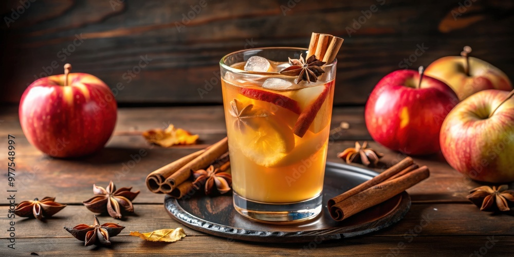 Hard apple cider cocktail with fall spices, garnished with cinnamon stick and apple slice Hard apple cider cocktail with fall spices, garnished with cinnamon stick and apple slice