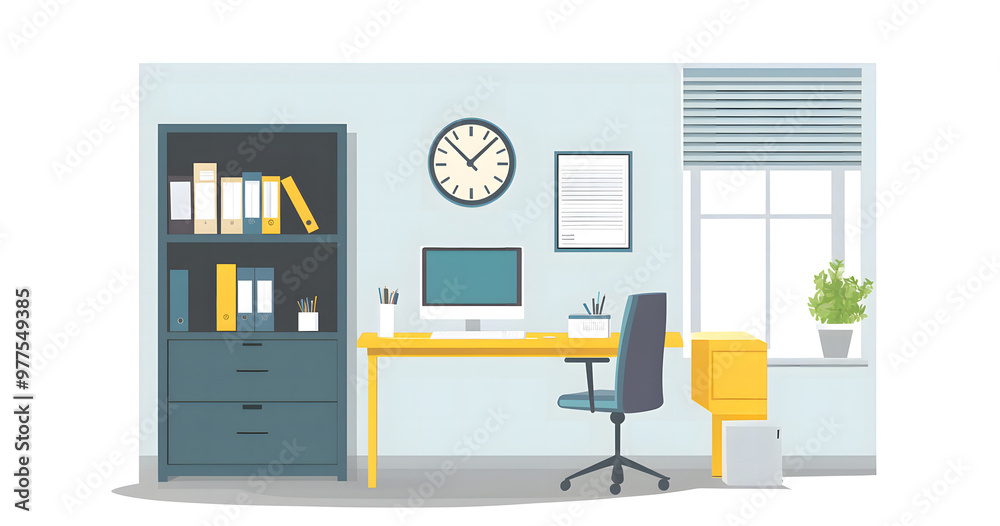 Fototapeta premium Minimalist Home Office Setup with Bookshelf, Desk, and Computer in a Sunlit Room