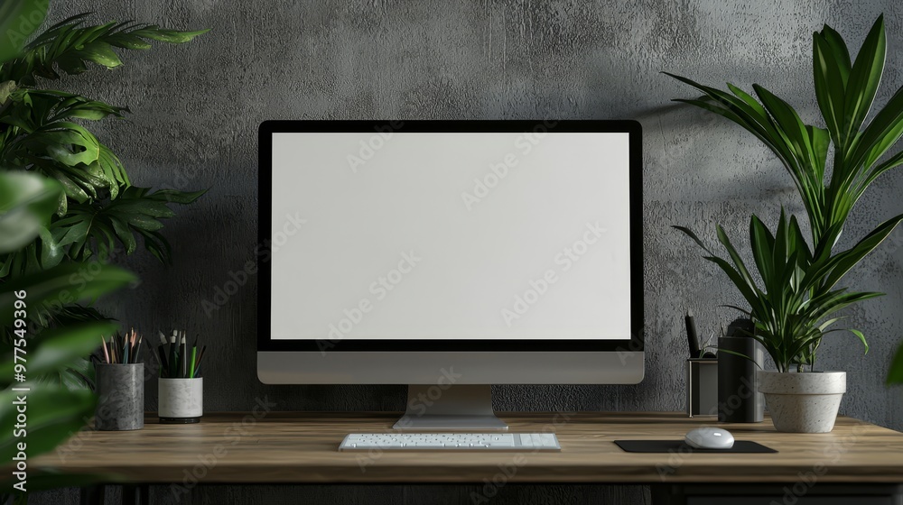 An AI-generative computer monitor in a contemporary minimalist home office with plants