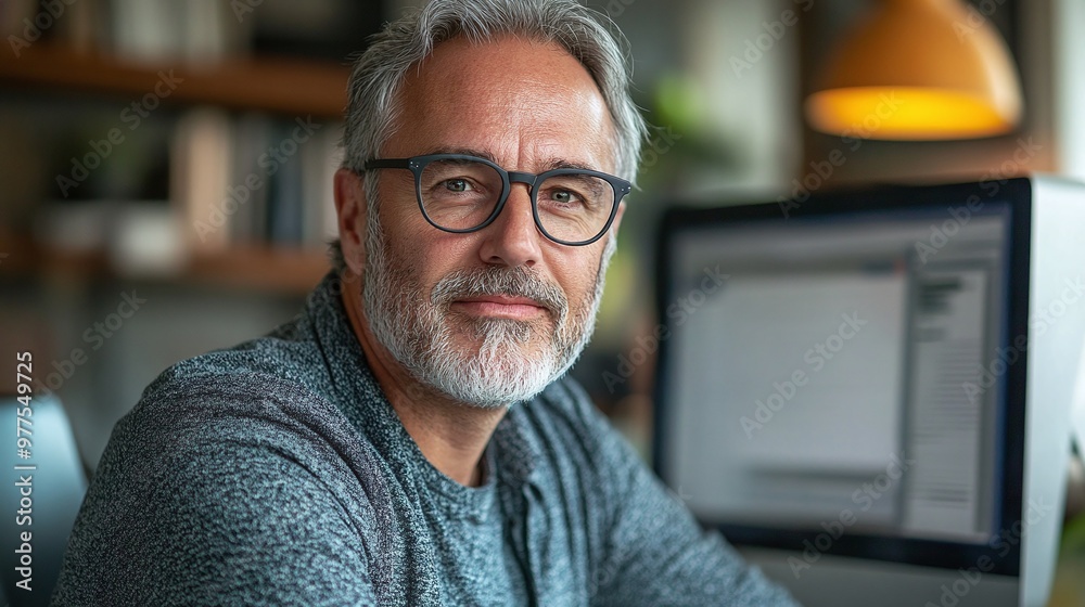 Fototapeta premium older man with gray hair and glasses engaged in computer work in an office illustrating his professional experience, mature approach, and the business environment
