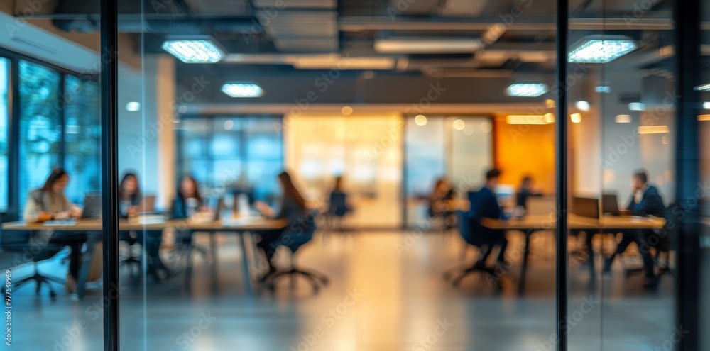 A blurry office with a glass wall and people working behind it A blurry office with a glass wall and people working behind it