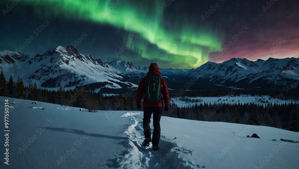 A man hiking in snow under northern aurora borealis in winter, cold adventure and travel A man hiking in snow under northern aurora borealis in winter, cold adventure and travel