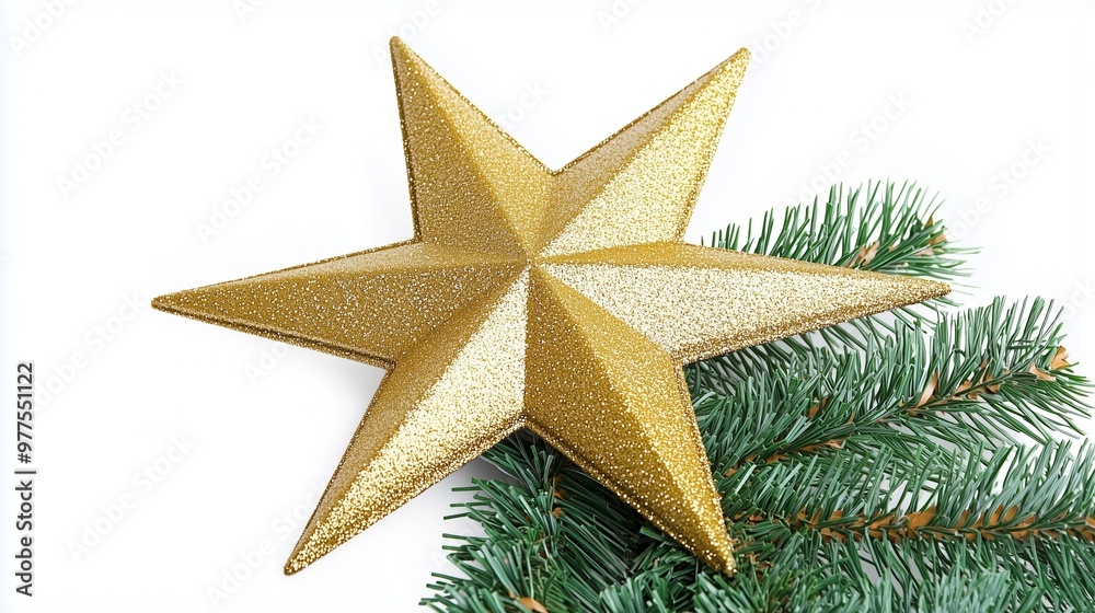 Obraz premium Golden star Christmas tree topper isolated on a white background.