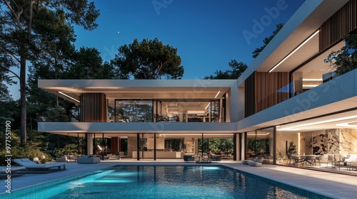 Luxury swimming pool scene at night in a modern house.