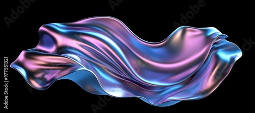 Solid holographic blob shape on black background with iridescent wavy waves.