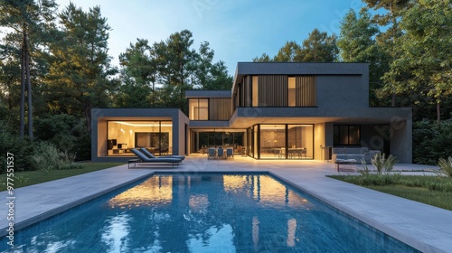 This is a night scene of a modern, luxurious house with a swimming pool.