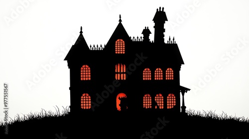 The silhouette of a haunted house emerges, its windows glowing ominously.