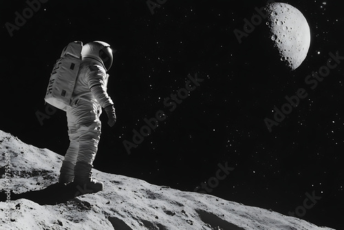 An astronaut stands on a lunar surface, gazing at the distant moon in a black-and-white scene.