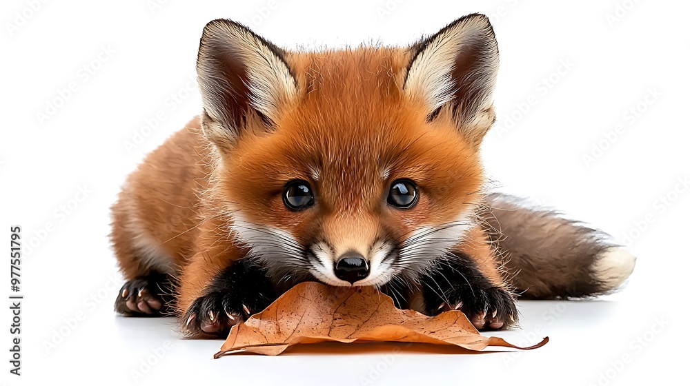 Obraz premium A playful red fox cub paws at a leaf, standing out against a white background.