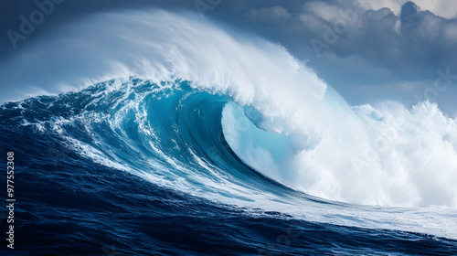 Massive blue ocean wave surging with power and motion  -