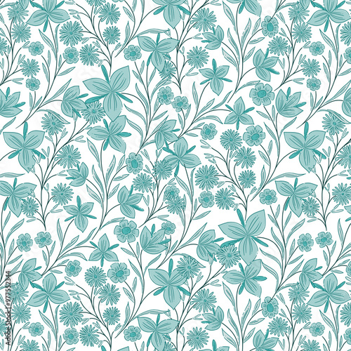Vintage blue Wild swirly flowers bloom pattern