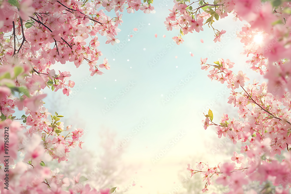 Fototapeta premium A serene scene of pink blossoms framing a soft sky, evoking tranquility and beauty.