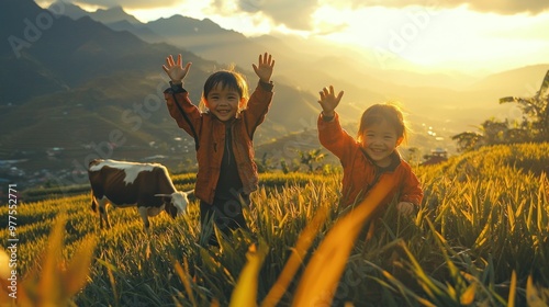 A photo of three children waving to the camera in an ancient rice terrace field with their father and two cows, surrounded by green trees, terraced fields, sunshine, and distant mountains, high resolu photo