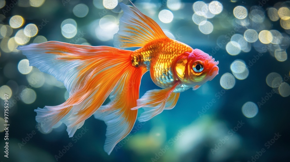 A stunning shot of a goldfish in a spacious aquarium, with its bright orange scales and flowing fins illuminated by aquarium lights.