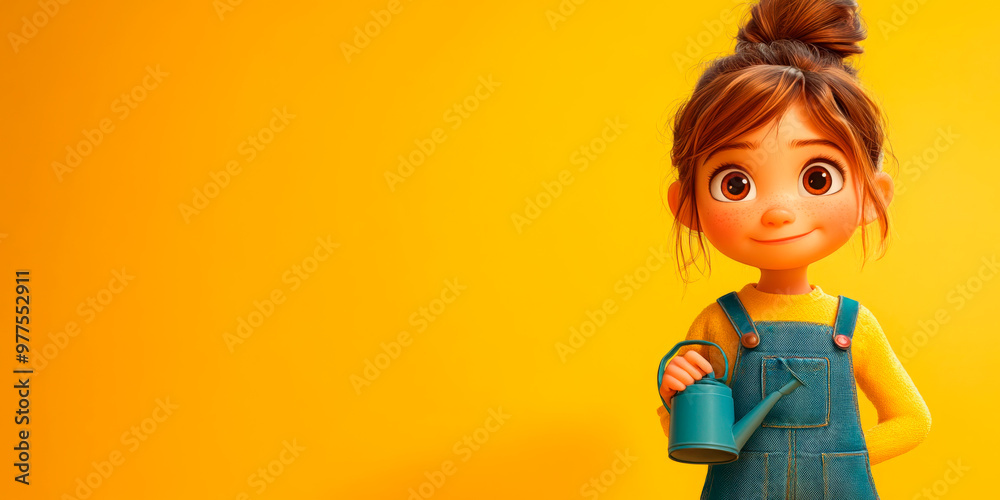 Vivid portrait of an animated girl with a watering can against a bright yellow backdrop, perfect for themes related to childhood, joy, and playfulness. Vivid portrait of an animated girl with a watering can against a bright yellow backdrop, perfect for themes related to childhood, joy, and playfulness.