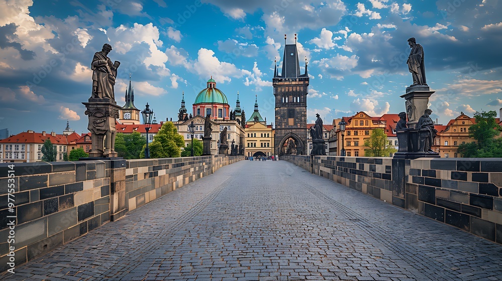 Naklejka premium Walking along the Charles Bridge, Prague, Czech Republic, offers a stroll through history on this iconic medieval stone bridge lined with baroque statues. The bridge connects the Old Town and 