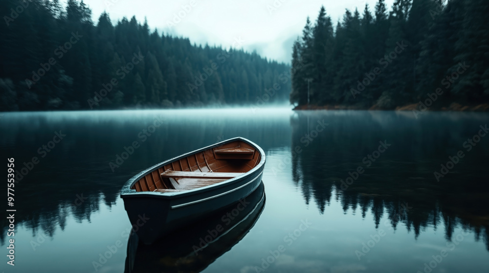 A solitary wooden rowboat floats on the still surface of a serene lake, surrounded by dense coniferous forest with mist gently rising above the water. A solitary wooden rowboat floats on the still surface of a serene lake, surrounded by dense coniferous forest with mist gently rising above the water.