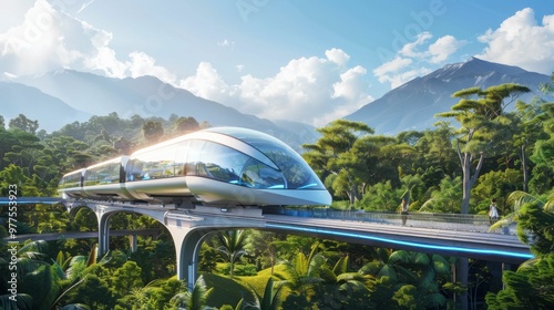 A futuristic train is traveling over a bridge in a mountainous area