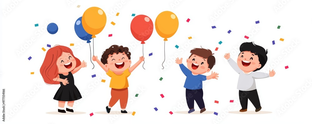 Fototapeta premium A group of children playing with confetti and balloons, excitedly celebrating the countdown to midnight and the start of the New Year