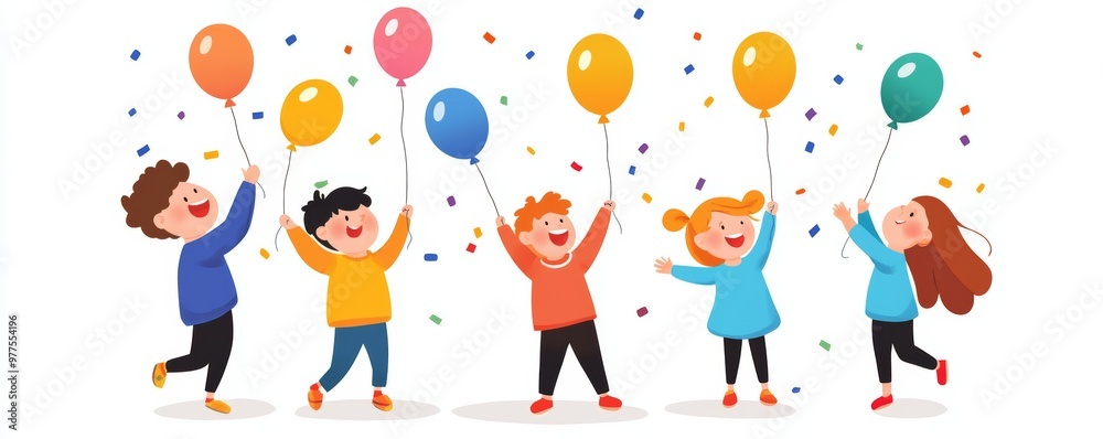 Fototapeta premium A group of children playing with confetti and balloons, excitedly celebrating the countdown to midnight and the start of the New Year