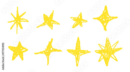 Set of gold chalk drawing stars. Shine or sparkle doodle collection. Children style yellow wax pencil handdrawing elements of night sky. Crayon scratch grunge texture star shapes. Vector illustration