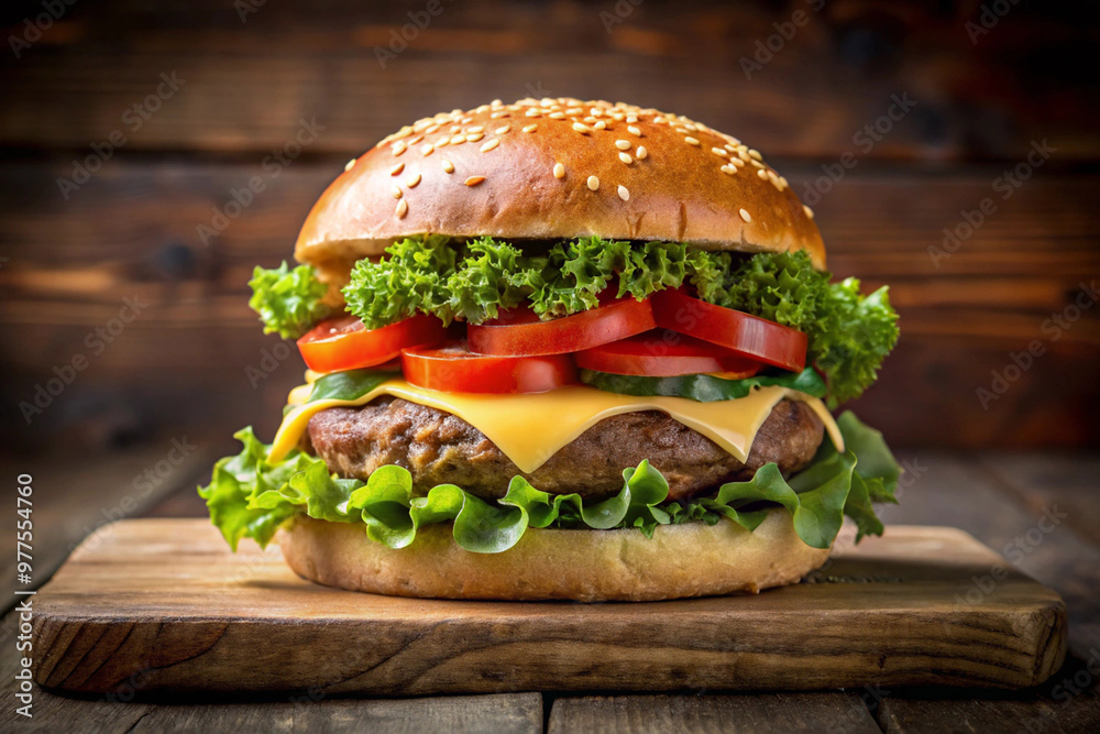 Burger with cheese, tomatoes, red onions, cucumber and lettuce Burger with cheese, tomatoes, red onions, cucumber and lettuce