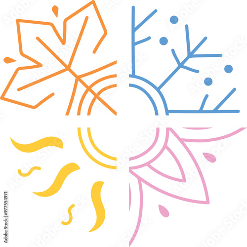Four seasons summer, winter, spring, fall, autumn art. Seasons icons, signs, symbols. Flower, sun, leaves, snowflake.