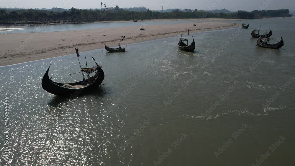 Aerial view of Bangladeshi moon fishing boats, Chittagong, Ukhia, Bangladesh