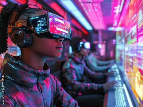 A man wearing a virtual reality headset is looking at a cityscape