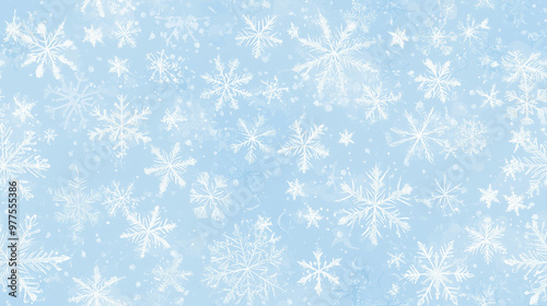 Seamless pattern of delicate snowflakes in various shapes and sizes, softly scattered on a pale blue background, creating a crisp and frosty effect