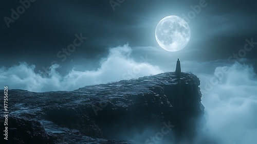 A lone silhouette stands at the cliff�s edge, framed by the full moon and drifting clouds.