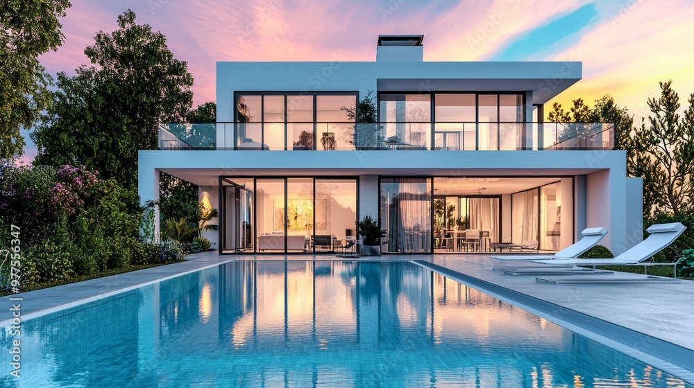 Fototapeta premium Swimming pool at sunset in a modern minimalist cubic villa.