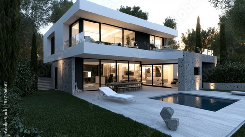 A sunset view of a modern minimalist cubic villa with a swimming pool.