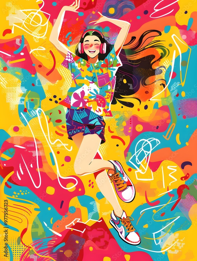 Illustration of a person dancing energetically with headphones on, set against a colorful abstract background. The dynamic pose and flowing hair convey movement and joy Illustration of a person dancing energetically with headphones on, set against a colorful abstract background. The dynamic pose and flowing hair convey movement and joy