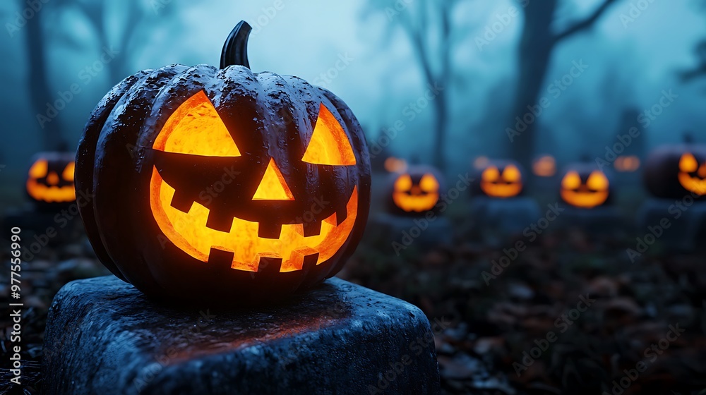 Naklejka premium A glowing Jack-o'-lantern stands alone in a foggy forest, its light cutting through the mist.